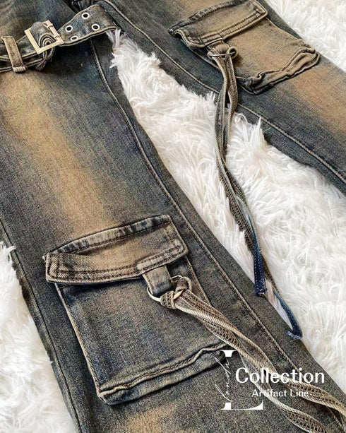 Vintage Washed Strap Denim Pants